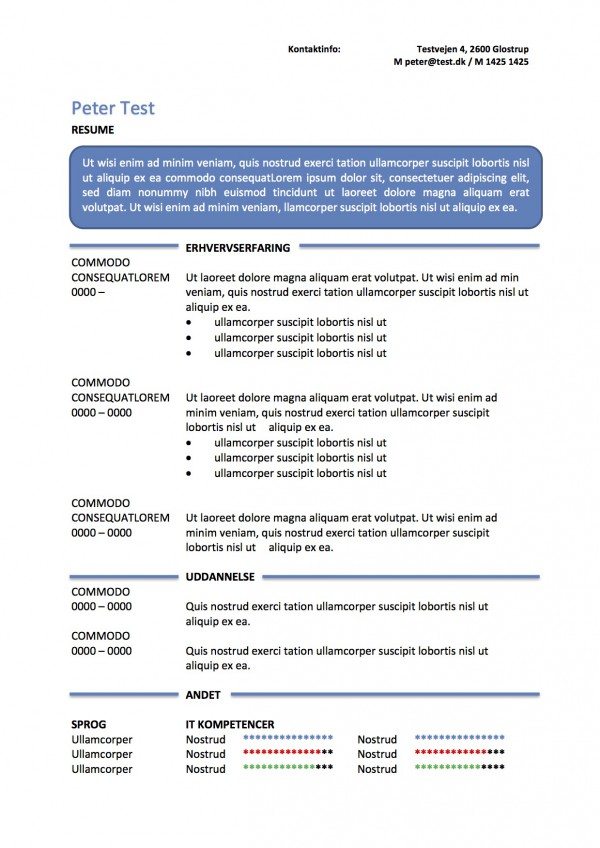 CV skabelon - resume i tekstboks blå