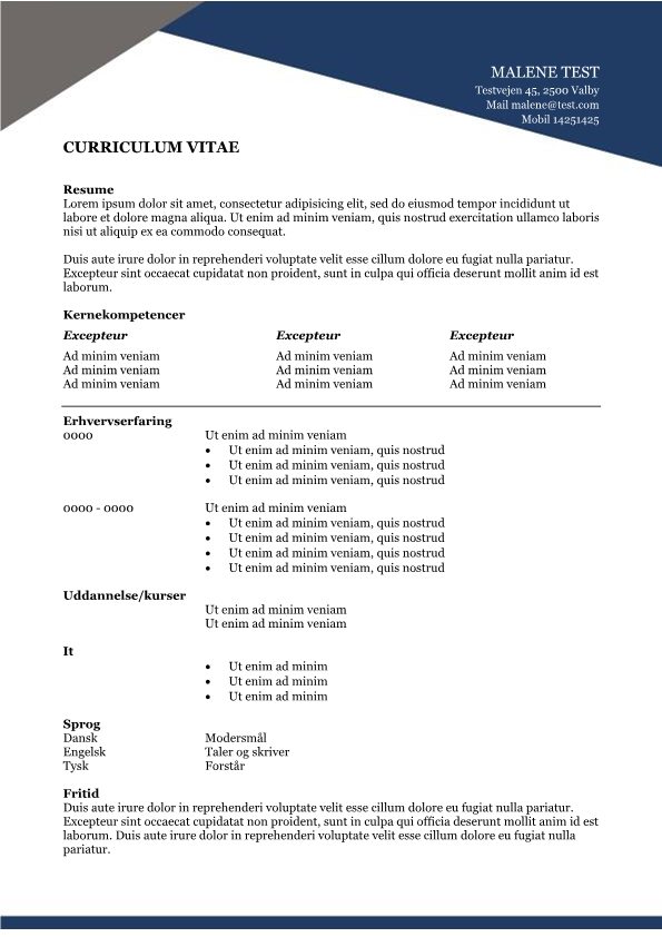 CV skabelon med resume og kernekompetencer - blå